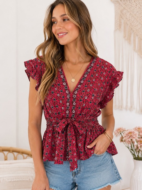 Max Studio Tops - MAX STUDIO Red Floral Boho Tie Front Peplum Top Small Cottagecore